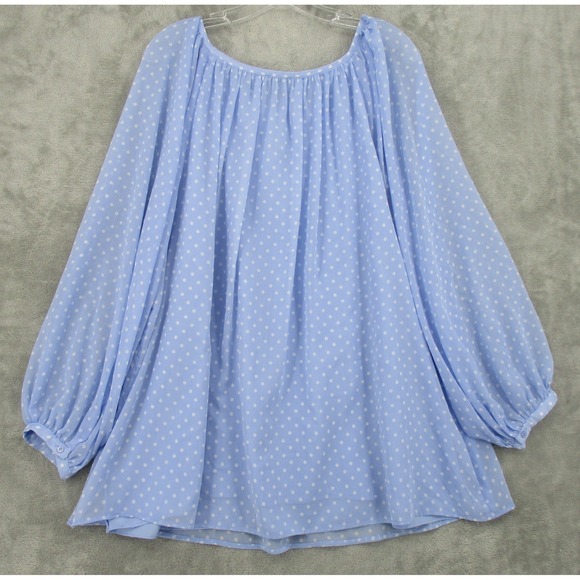 Talbots Blouse 2X Polka Dot Balloon Sleeve Tie Chiffon Relaxed Office Retro Blue - Picture 2 of 11